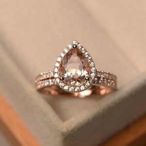 Pear cut, pink morganite engagement rings set, solid rose gold, halo bridal set,vintage handmade ring