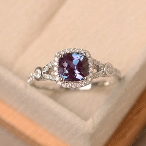 Alexandrite ring, cushion cut June birthstone ring, sterling silver engagement ring