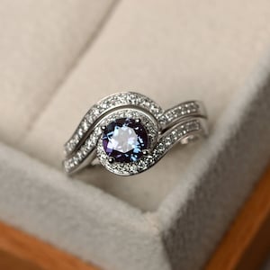 Alexandrite ring, engagement rings, 14k white gold ring, bridal sets, color change gemstone, June birthston