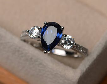 Blue gemstone ring, lab blue sapphire ring, wedding ring, pear cut ring, sterling silver ring, September birthstone ring