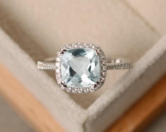 Natural aquamarine engagement ring, cushion cut, 14k white gold, March birthstone, handmade unique ring