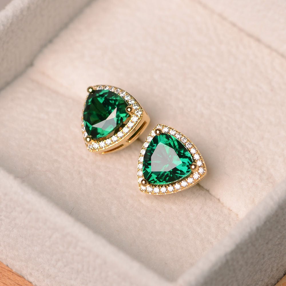 Emerald Studs Trillion Cut Emerald Earrings Halo Earrings