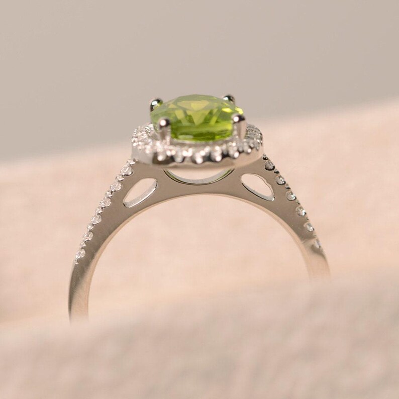 Peridot ring, halo engagement ring, natural peridot, oval cut peridot ring image 2