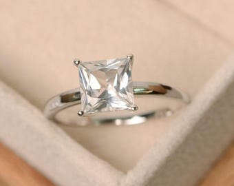 Weißer Topas Ring, Sterling Silber, Solitärring, Princess Cut Ring, weißer Topas