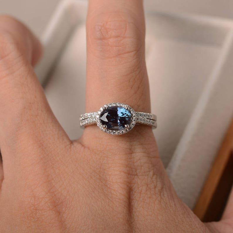 Engagement ring, alexandrite ring, June birthstone ring, oval cut gemstone, sterling silver ring,bridal sets image 4