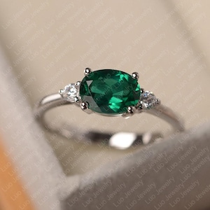 Smaragd Ring, Sterling Silber Verlobungsring für Frauen, Ovalschliff Mai Geburtsstein Ring