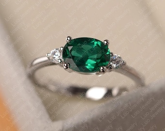 Lab emerald ring, sterling silver engagement ring for women, oval cut May birthsotne ring