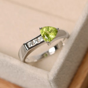 Peridot ring, trillion cut, arrow ring, natural peridot, promise ring