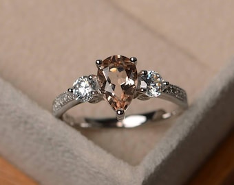Anillo de bodas, anillo de morganita rosa natural, anillo de piedra preciosa rosa, anillo de corte de pera, anillo de plata esterlina maciza