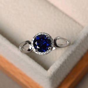 Blue sapphire rings, cocktail rings, September birthstone, round cut blue gemstone, silver rings, halo rings