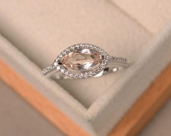 Marquise cut morganite ring, sterling silver, engagement ring, halo ring