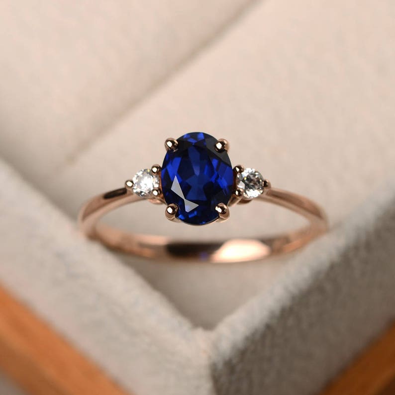 Vintage sapphire ring , blue gemstone wedding ring, oval cut September birthstone, 14k rose gold image 1