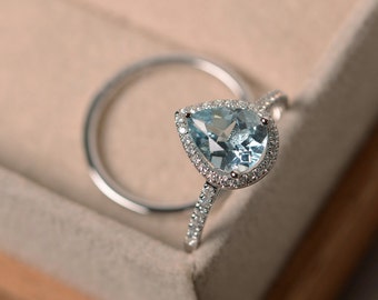 Natural aquamarine statement ring, March birthstone, solid white gold, 2 rings wedding band set