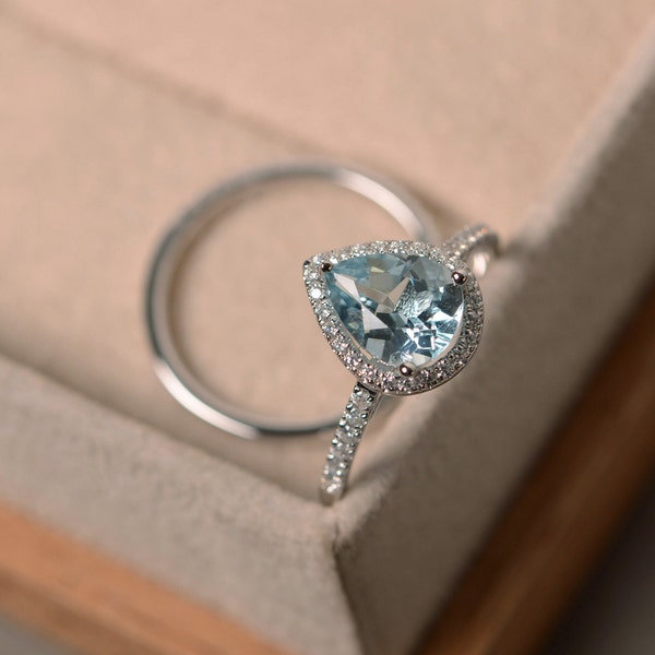 Natural aquamarine statement ring, March birthstone, solid white gold, 2 rings wedding band set