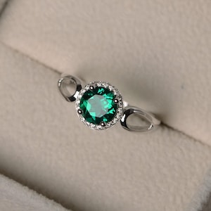 Anillos con halo, anillos de boda de esmeralda, anillos de piedra natal de mayo, anillos de piedras preciosas verdes, anillos de talla redonda, anillos de plata de ley Esmeralda