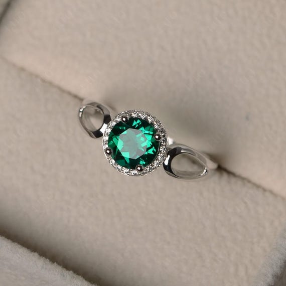 Halo rings, emerald wedding rings, May birthstone rings, green gemstone rings,round cut rings, sterling silver rings