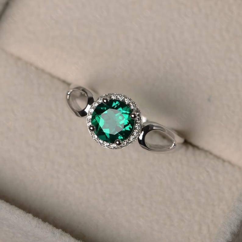 Anillos con halo, anillos de boda de esmeralda, anillos de piedra natal de mayo, anillos de piedras preciosas verdes, anillos de talla redonda, anillos de plata de ley Esmeralda