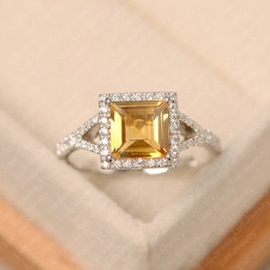 Yellow citrine ring, square cut, sterling silver anniversary ring for women, November birthstone