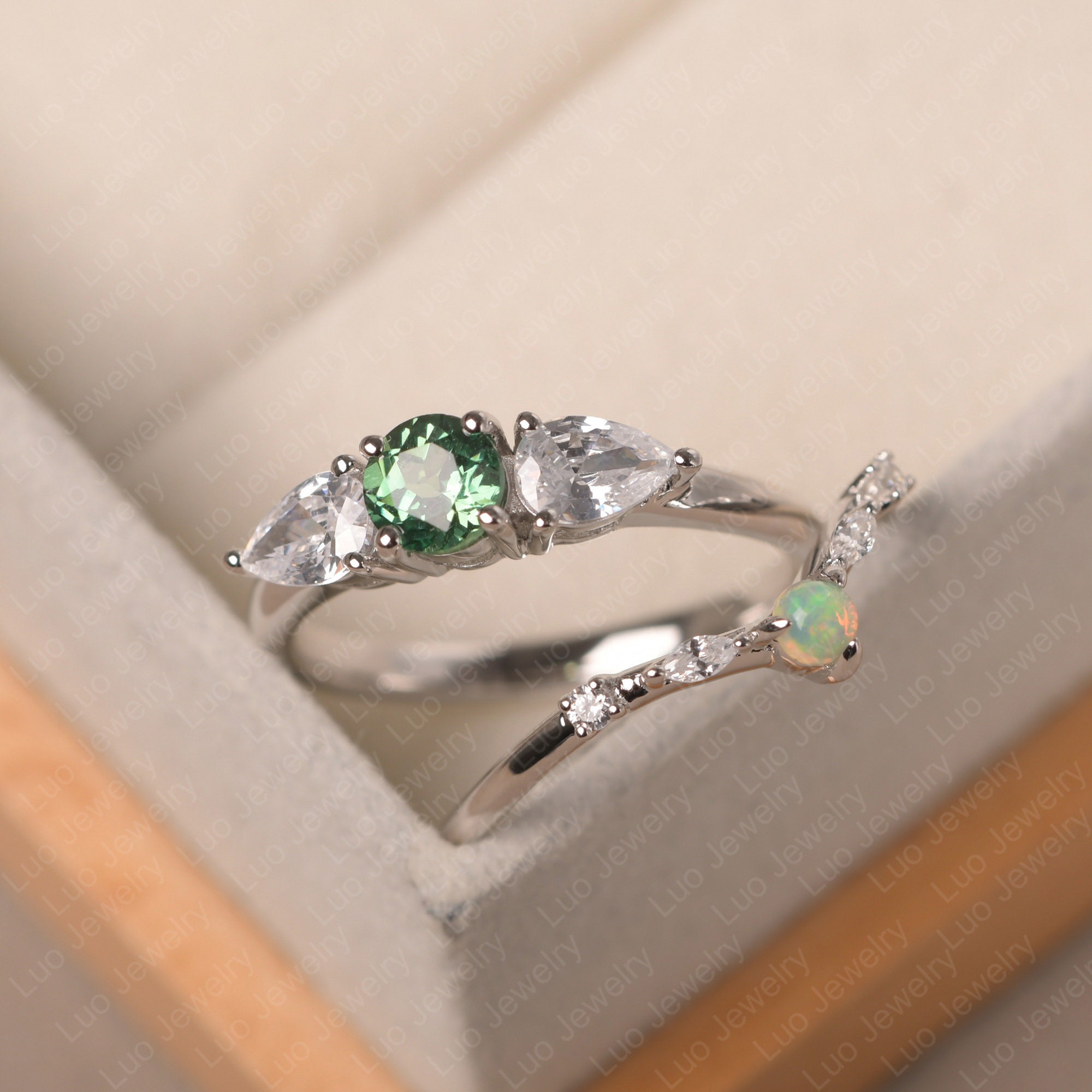 Custom Bridal Ring Sets Vintage Green Sapphire and Opal Etsy UK