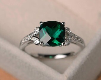 emerald ring, cushion cut promise wedding ring, sterling silver ring,green gemstone ring,May birthstone ring