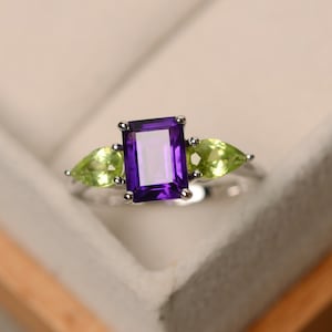 Personalized amethyst and peridot ring,sterling silver,emerald cut, February/August birthstone ring