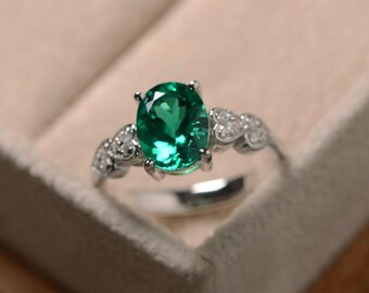 Lab emerald ring, oval cut, May birthstone, sterling silver, promise ring