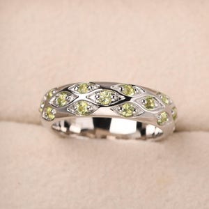 Peridot ring for men,stacking eternity ring,silver pave chunky ring,August birthstone
