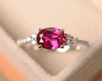 Ruby ring, oval cut, red stone ring, July birthstone ring, sterling silver, wedding ring for women