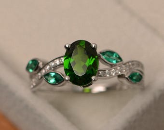Natural diopside ring, multi stone ring, leaf ring, sterling silver, chrome diopside ring, green gemstone ring