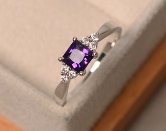 White gold princess cut ring, amethyst engagement ring, February birthstone, anniversary gifts