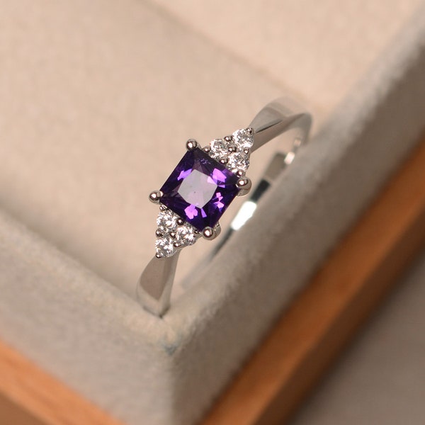 White gold princess cut ring, amethyst engagement ring, February birthstone, anniversary gifts