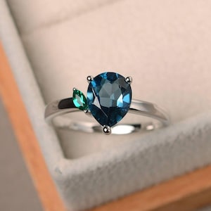 Engagement ring, London blue topaz ring, pear cut gemstone, blue gemstone, sterling silver ring
