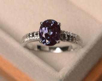 lab alexandrite ring, engagement ring, oval cut, color changing gemstone ring ,sterling silver ring, June birthstone