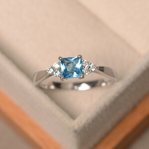 Swiss blue topaz ring, princess cut engagement, promise ring, sterling silver