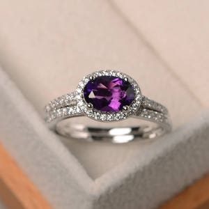 Natural amethyst ring, wedding ring, February birthstone ring, oval cut purple gemstone, sterling silver ring