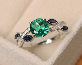 Emerald ring, green emerald ring, multistone ring, leaf ring, sterling silver, ring emerald, emerald engagement ring