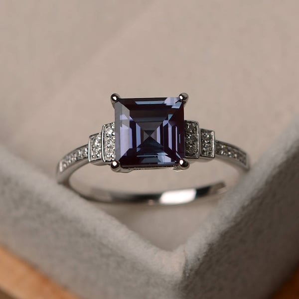 Alexandrite engagement ring, square cut, sterling silver,unique wedding ring, June birthstone