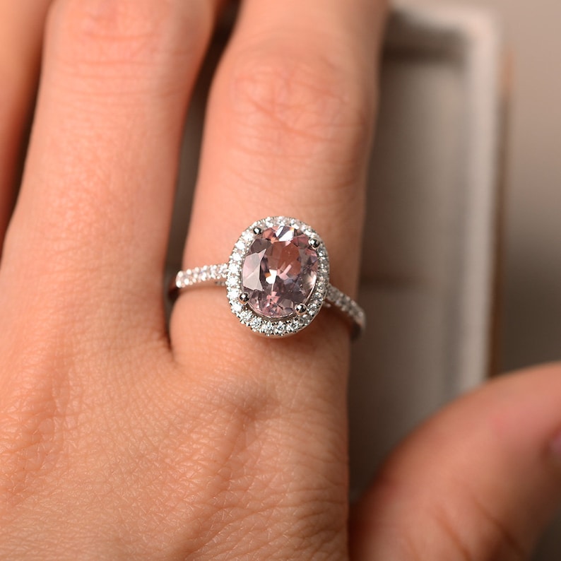 Natural morganite wedding ring, sterling silver, pink gemstone, vintage halo ring image 5