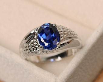 Sapphire ring, oval cut sapphire, solitaire ring, sterling silver, blue sapphire