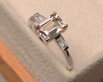 Pink morganite ring, emerald cut, Trapezoid side stones, morganite rose gold, morganite engagement ring