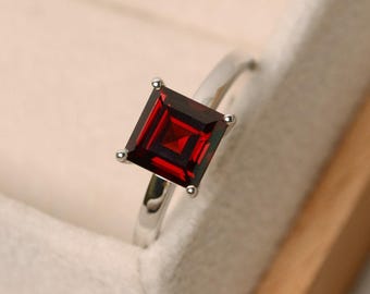 Röd granatring, sterlingsilver, granatring, naturlig granatring, fyrkantig granatring