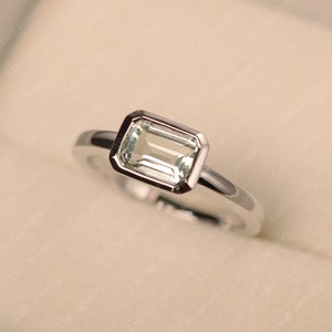 Green amethyst ring, sterling silver, emerald cut, solitaire ring, east west ring