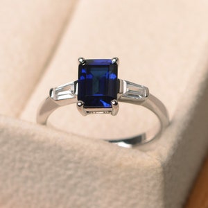 Lab sapphire ring, emerald cut blue gemstone ring, September birthstone ring, silver 925, promise ring for her
