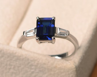 Lab sapphire ring, emerald cut blue gemstone ring, September birthstone ring, silver 925, promise ring for her