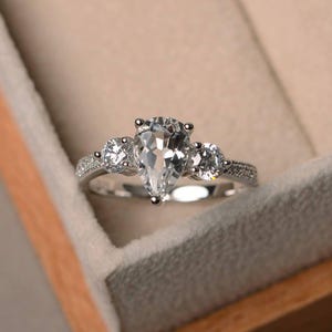 Natural white topaz ring, wedding ring, pear cut gemstone, sterling silver ring, gemstone ring