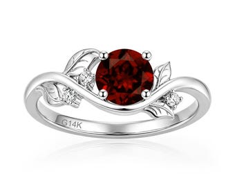 Round shaped genuine garnet ring, vine ring, January birthstone ring, leaf red gemstone ring, chevorn engagement ring, nature inspired ring