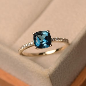 London blue topaz anniversary ring, solid 14k yellow gold, cushion cut November birthstone