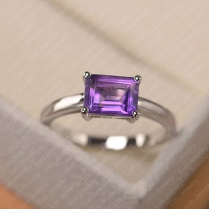 Purple amethyst ring, sterling silver solitaire engagement ring, emerald cut February birthstone ring