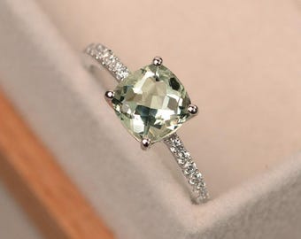 Delicate green amethyst promise ring, cushion cut, sterling silver, anniversary gifts