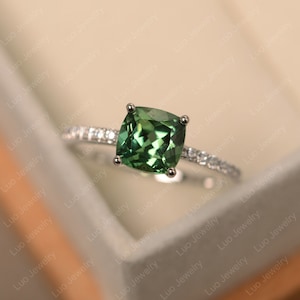 Green sapphire ring, sterling silver engagement ring, cushion cut gemstone